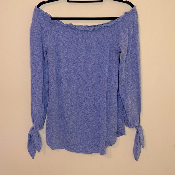 Chelsea & Violet Blue/Grey Elastic Off Shoulder Flowy Tie Sleeves Top Size XS - Picture 6 of 7